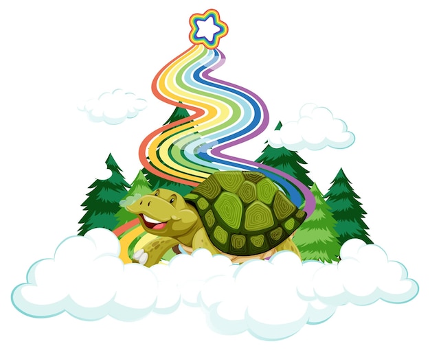 A turtle sitting on the cloud with rainbow on white background