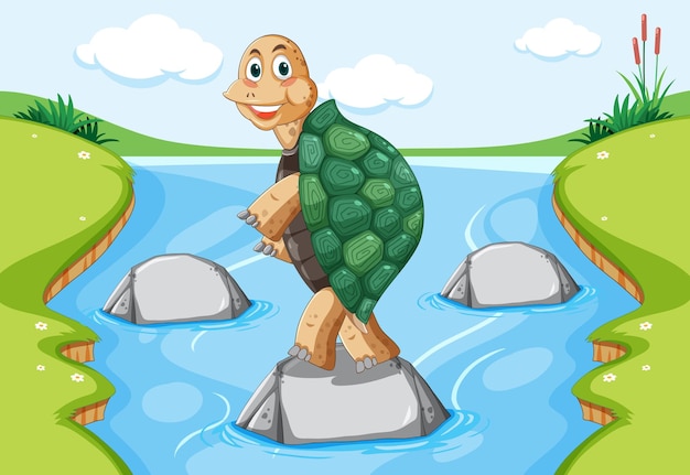 Free Vector turtle with green shell standing on a rock in the forest