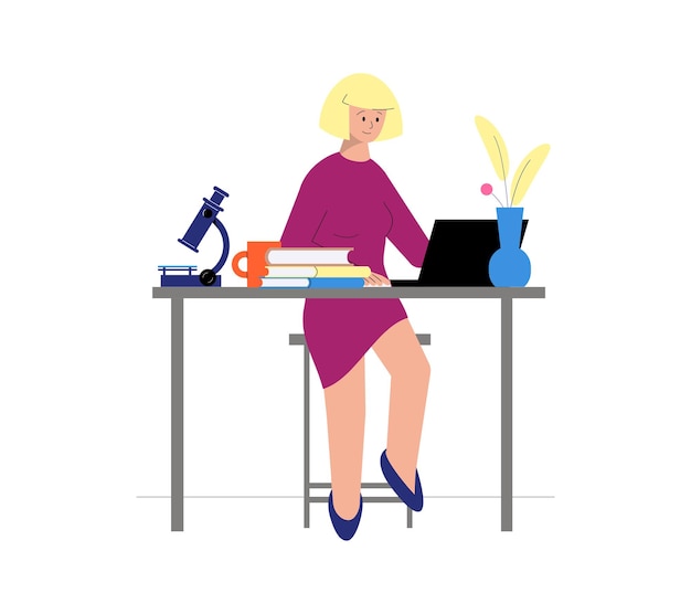 Tutoring flat illustration with female character having online science lesson with books and microscope