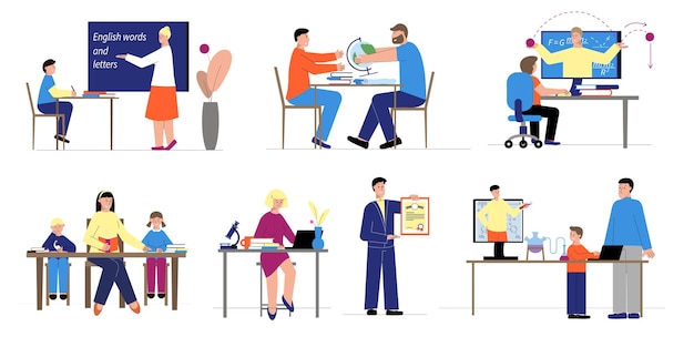 Tutoring set with flat compositions of people at desks and computers during education process remote learning vector illustration