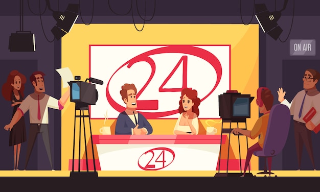 TV live events breaking news politics 24 hours broadcasting cartoon composition with reporters in studio 