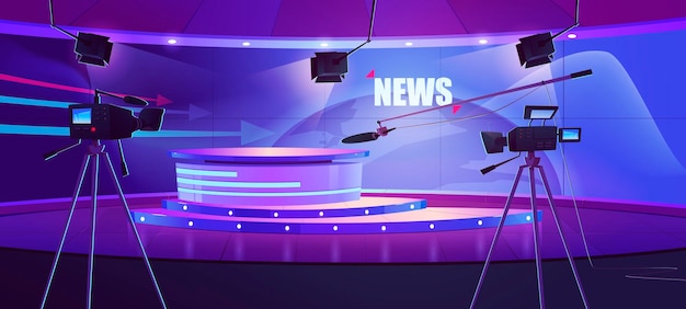 Tv news studio, television broadcast room interior with round table and earth globe on screen. Video channel studio with newscaster desk, lighting equipment and camera, Cartoon vector illustration