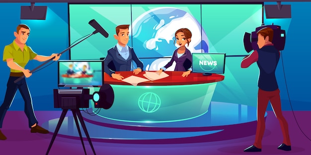 Free Vector tv news studio with television presenters reporting in broadcasting room 