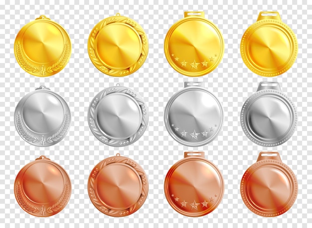 Free vector twelve round golden silver and bronze realistic medallions mockup on transparent background isolated vector illustration