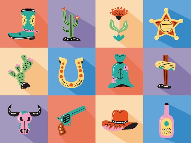 twelve wild west doodle set icons