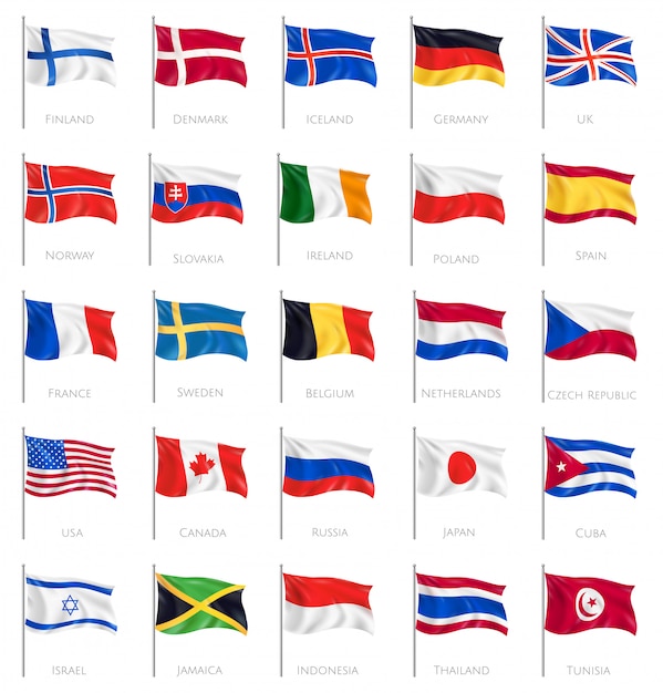 Free vector twenty five isolated waving national flags on white  with inscription of countries names realistic