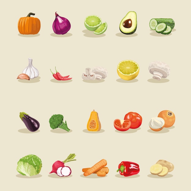 Twenty fresh vegetables icons