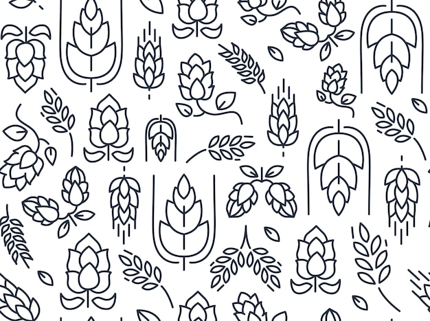 Twigs hop seamless pattern with repeating images of malt and leaves hand drawing on the white 