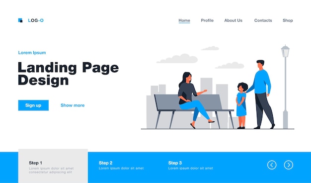 Two adults talking with girl in city park landing page template