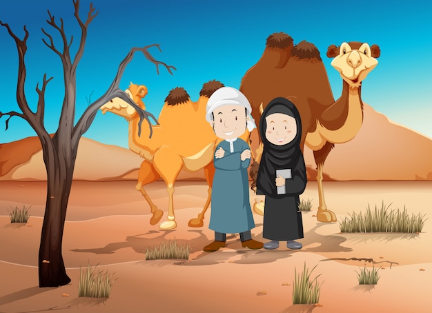 Free Vector two arab people and camels in desert