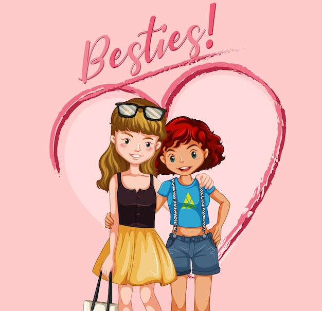 Free vector two best friend girls with besties lettering