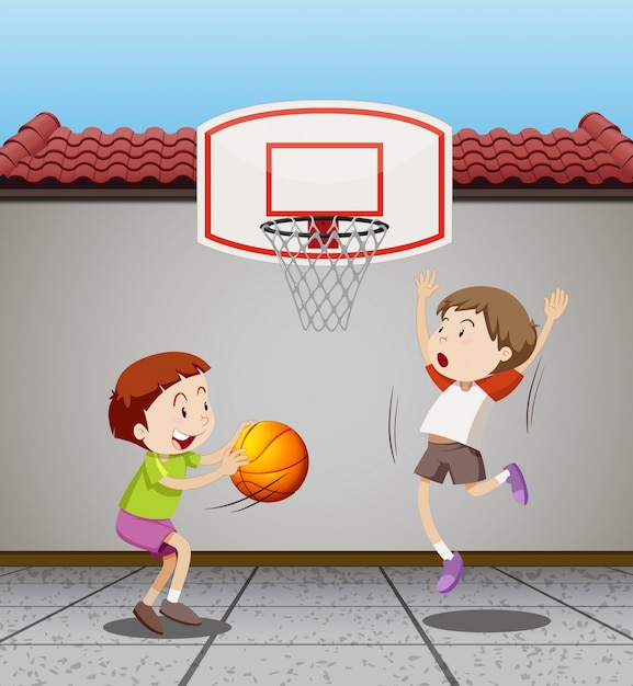 Free Vector two boys playing basketball at home illustration