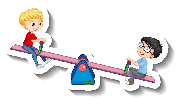 Two boys playing seesaw cartoon sticker