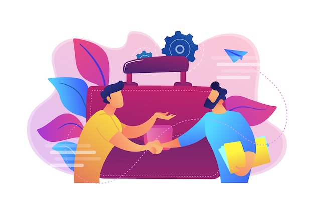 Free Vector two business partners shaking hands and big briefcase illustration