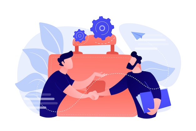 Two business partners shaking hands and big briefcase. Partnership and agreement, cooperation and deal completed concept on white background.