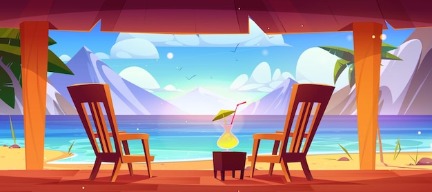 Free Vector two chairs and cocktail on terrace by sea or lake with mountains in horizon summer beach vacation landscape with hills and ocean sand and palm trees patio with sun loungers for couple and drink