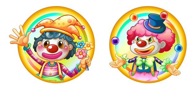 Two clowns on round badges