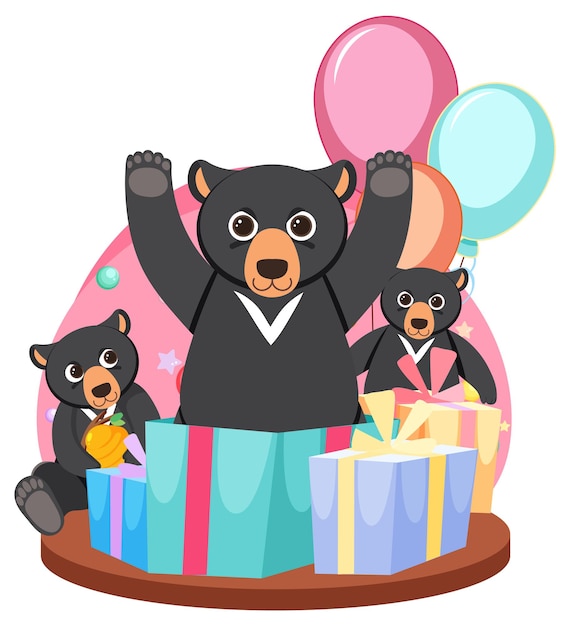 Free Vector two cute black bear with gift boxes and balloons