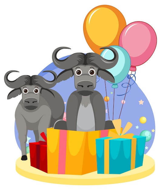 Free vector two cute buffalo with gift boxes and balloons