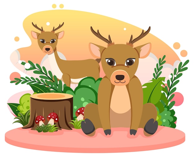 Free Vector two cute deers in flat cartoon style