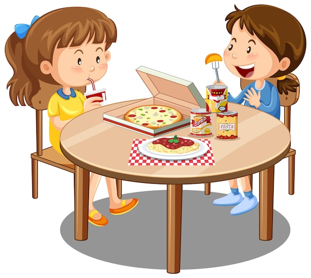 Free Vector two cute girl enjoy eating with food on the table on white background