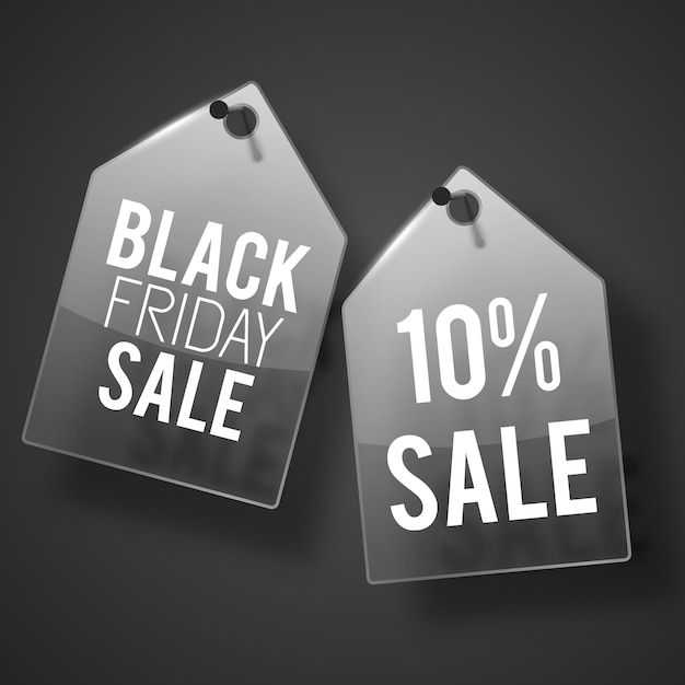 Free Vector two dark gray nailed down to the wall sale tag set with black friday sale description