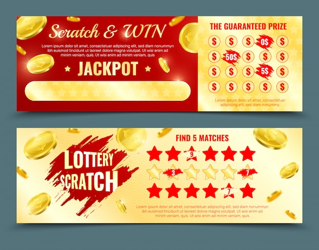 Two different design versions of scratch lottery card mockup with win jackpot and guaranteed prize promotion isolated 