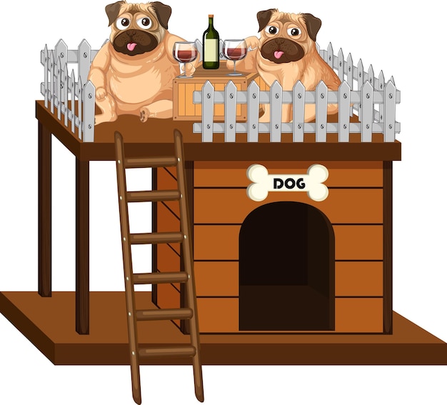 Free vector two dogs drinking wine on doghouse