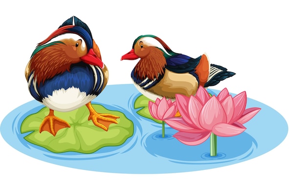 Free Vector two ducks in pond with lotus flower