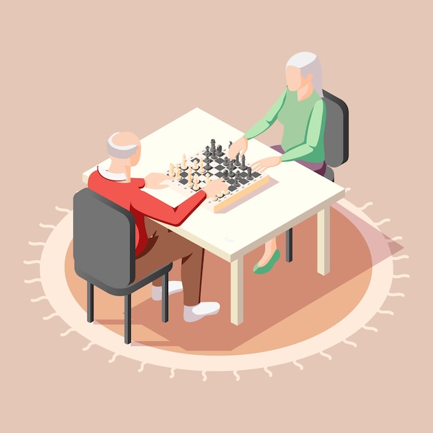 Free Vector two elderly male characters playing chess sitting at table indoors isometric background vector illustration