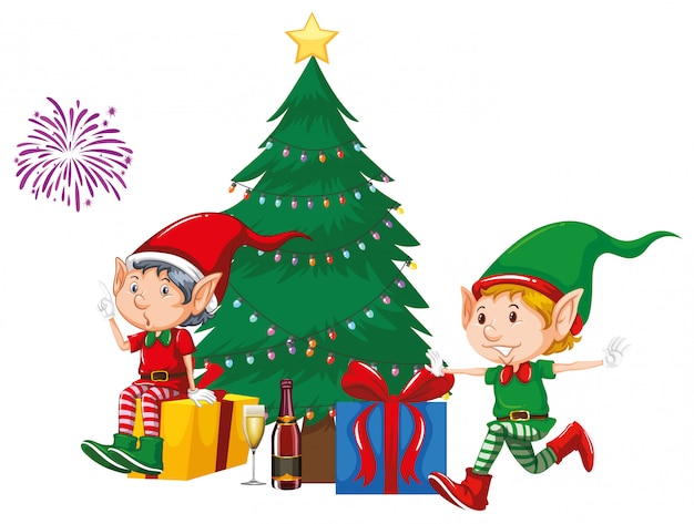 Two elves and presents by the christmas tree