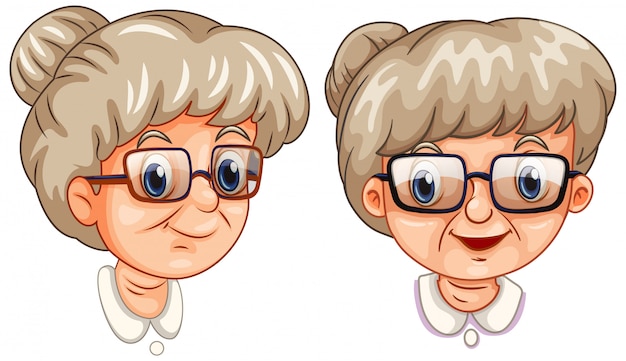 Two faces of grandmother wearing different glasses