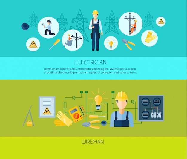 Free Vector two flat style banners presenting electrician and wireman