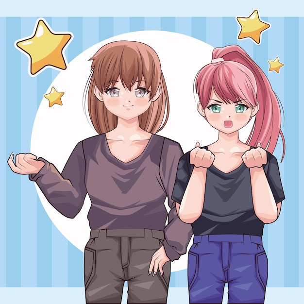 Free Vector two girls anime style