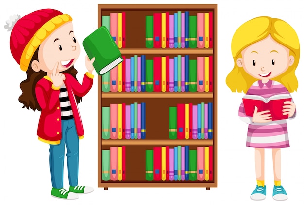 Two girls in the library illustration