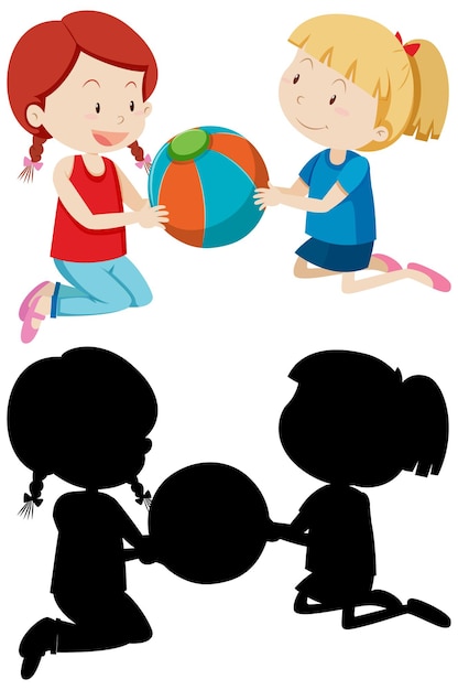 Free Vector two girls playing ball in color and silhouette