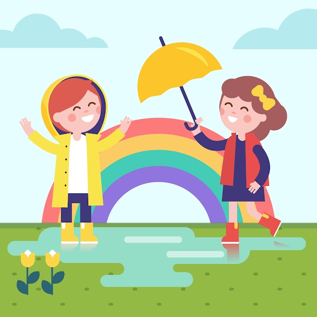 Two girls playing in the rain and rainbow