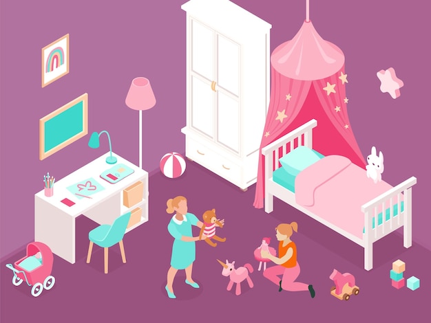 Free Vector two girls playing with toys in cozy room with colorful cute interior 3d isometric vector illustration