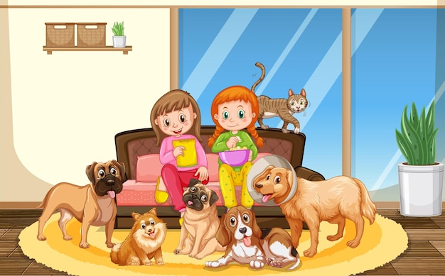 Free Vector two girls with many dogs in the living room