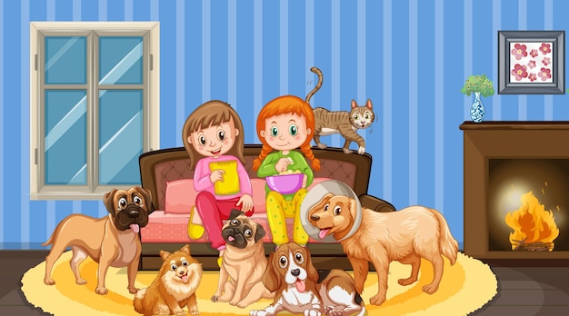 Free Vector two girls with many dogs in the living room