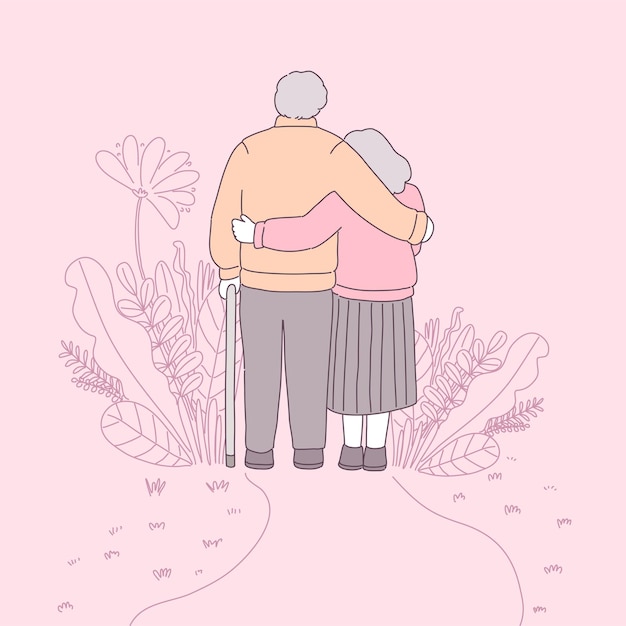 Two grandparents, wearing long sleeves, walked together in a flower garden.