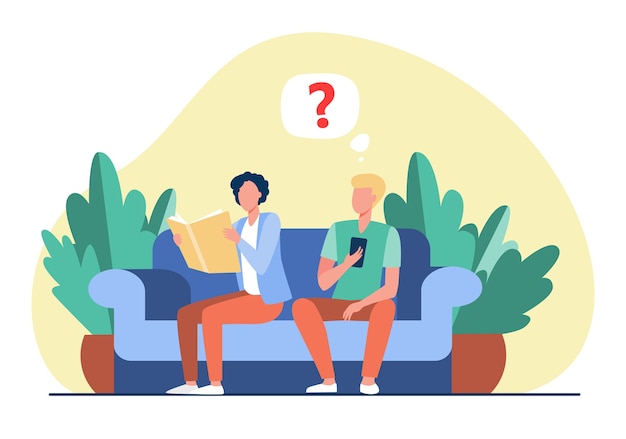 Two guys sitting on sofa with book and smartphone. Reading, device, couch flat vector illustration. Retro and digital technology