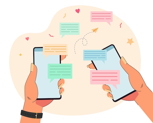 Free Vector two hands holding phones with messages in speech bubbles. people chatting through mobile app flat vector illustration. communication, network, social media concept for banner or landing web page