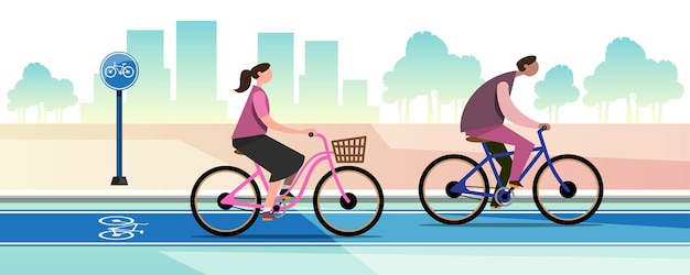 Two happy families riding on bicycles in Bike lane for relaxation. Traffic lanes have bicycle lanes for people to use. Flat vector illustration design