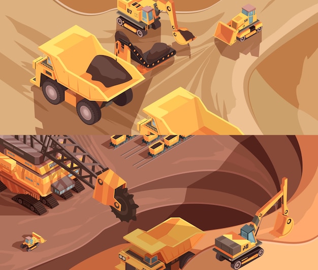 two horizontal mining banners with extractive equipment 