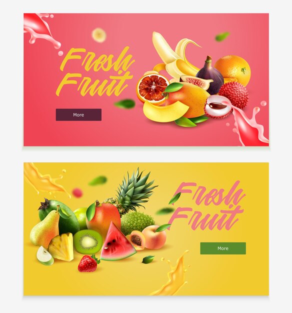 Two horizontal realistic fruits horizontal banner set with fresh fruit headline and more button