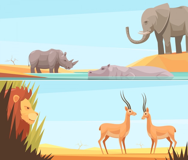 Free Vector two horizontal wild animal banners set 