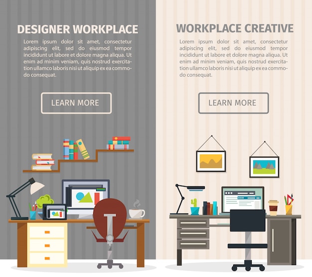 Free Vector two interior working place banner set