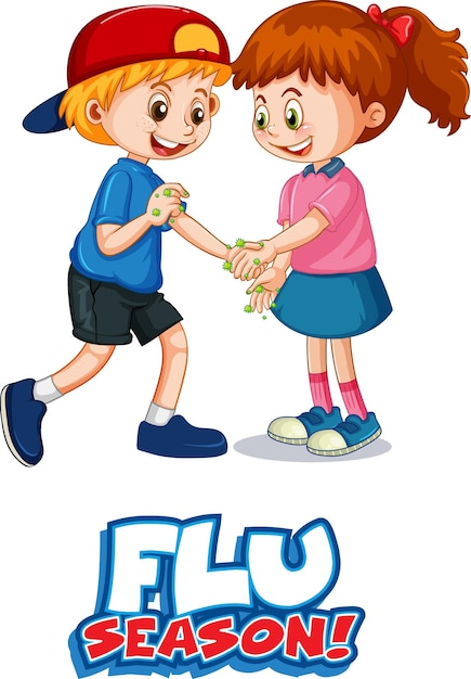 Two kids cartoon character do not keep social distance with Flu season font isolated on white background