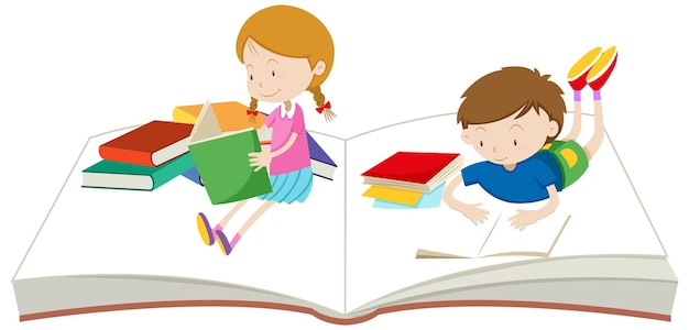 Free Vector two kids cartoon character reading books